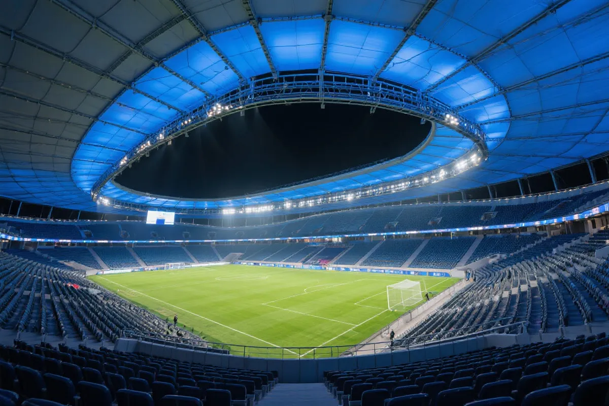 现代化球场内部看台与顶棚结构的比赛日场景