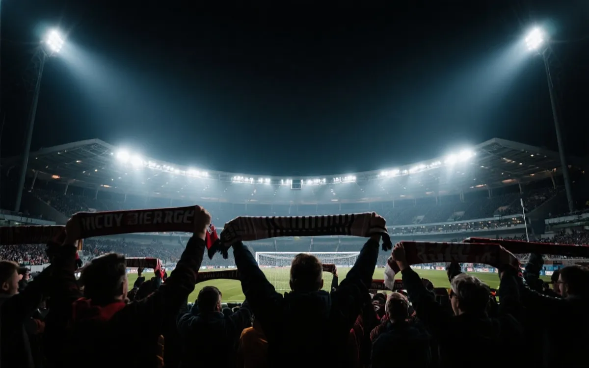 夜场球场灯光下的看台与草皮，观众举起围巾的氛围照片