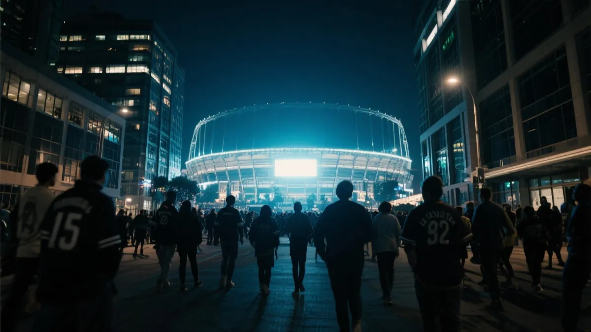 比赛日城市夜景与球迷步行前往球场的氛围图